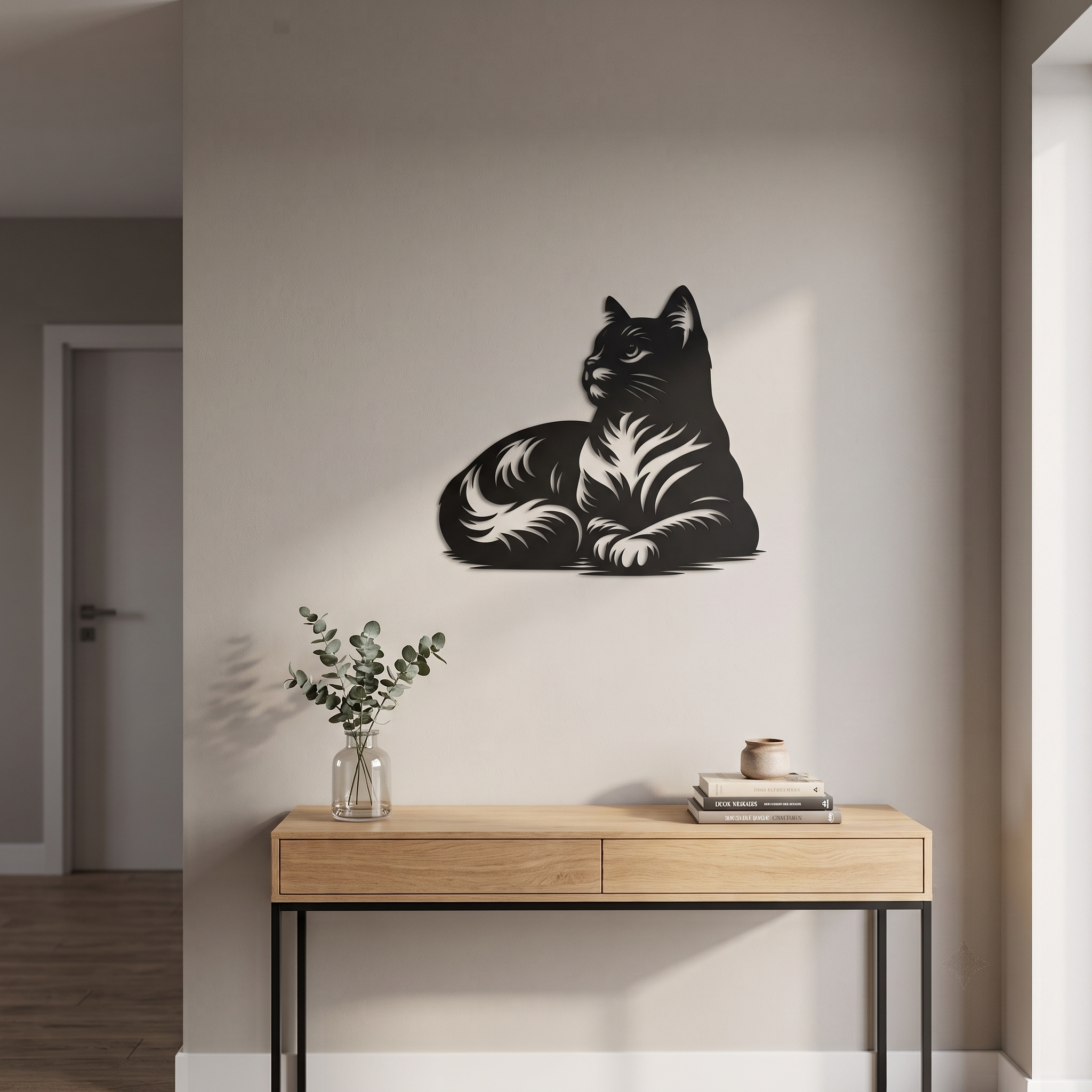 Oturan Kedi Duvar Tablosu salon duvarında