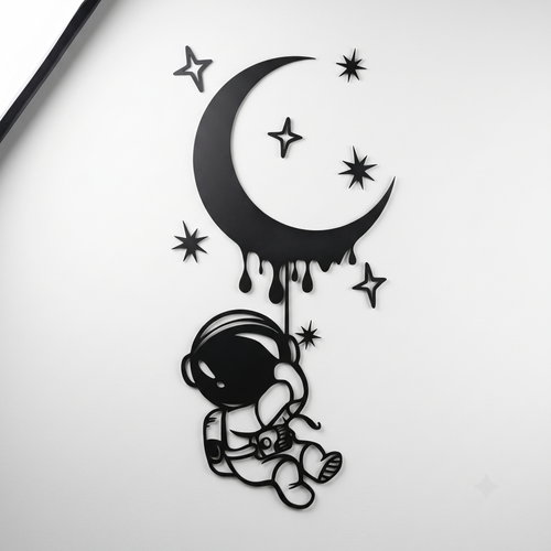 Astronot ve Eriyen Ay Duvar Tablosu beyaz duvarda