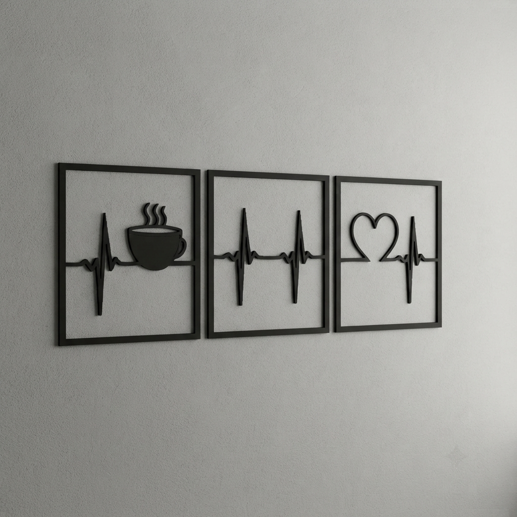 Kahve ve Kalp Ritmi 3'lü Duvar Tablosu Seti detay